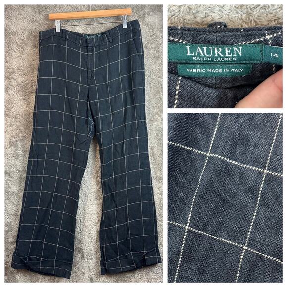 LRL Ralph Lauren Gray 14 Linen Windowpane Plaid Cuffed Lined Pants Straight Let - Picture 2 of 11